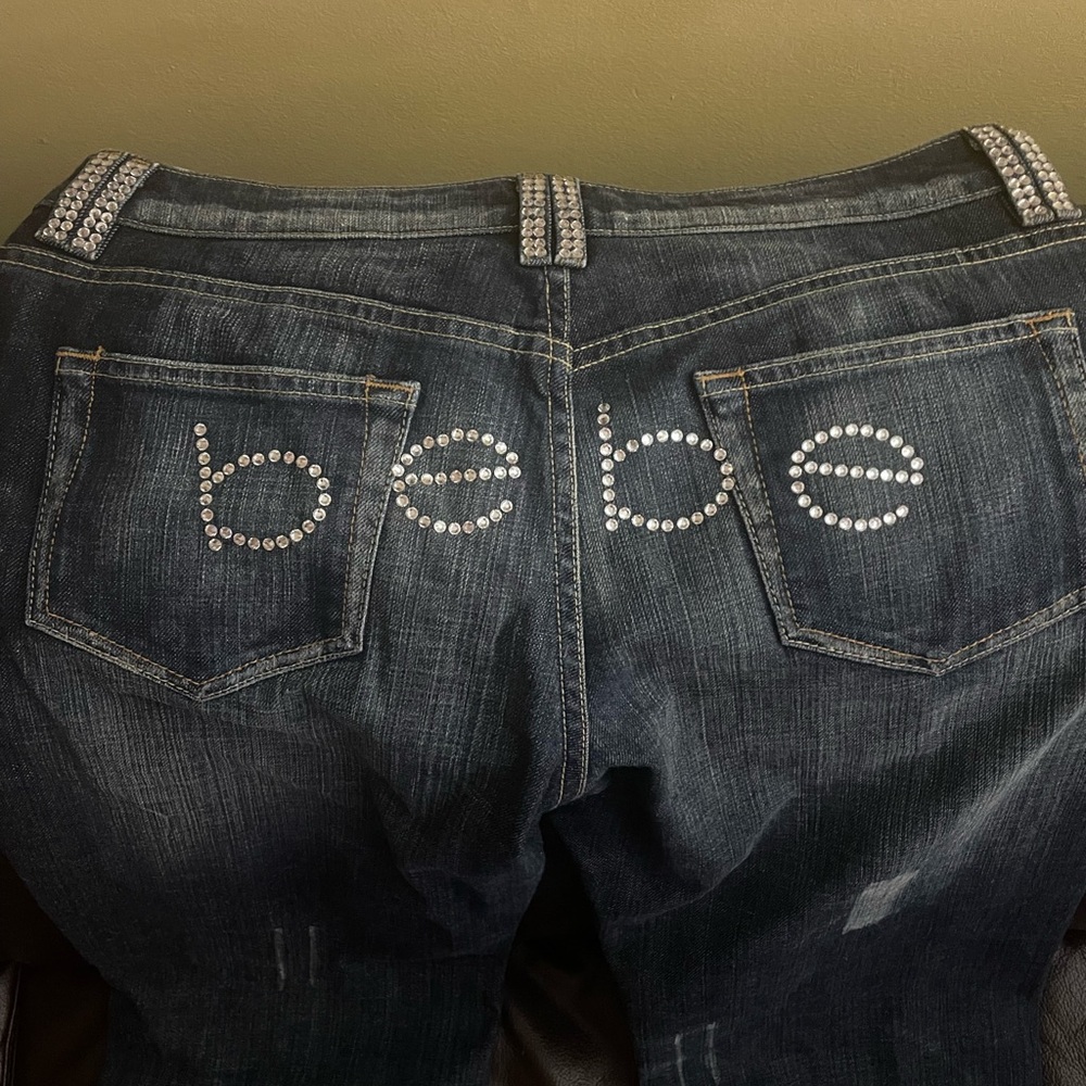 bebe Dark Blue Bootcut Jeans with Distressing and Rhinestone Bebe Logo on Back